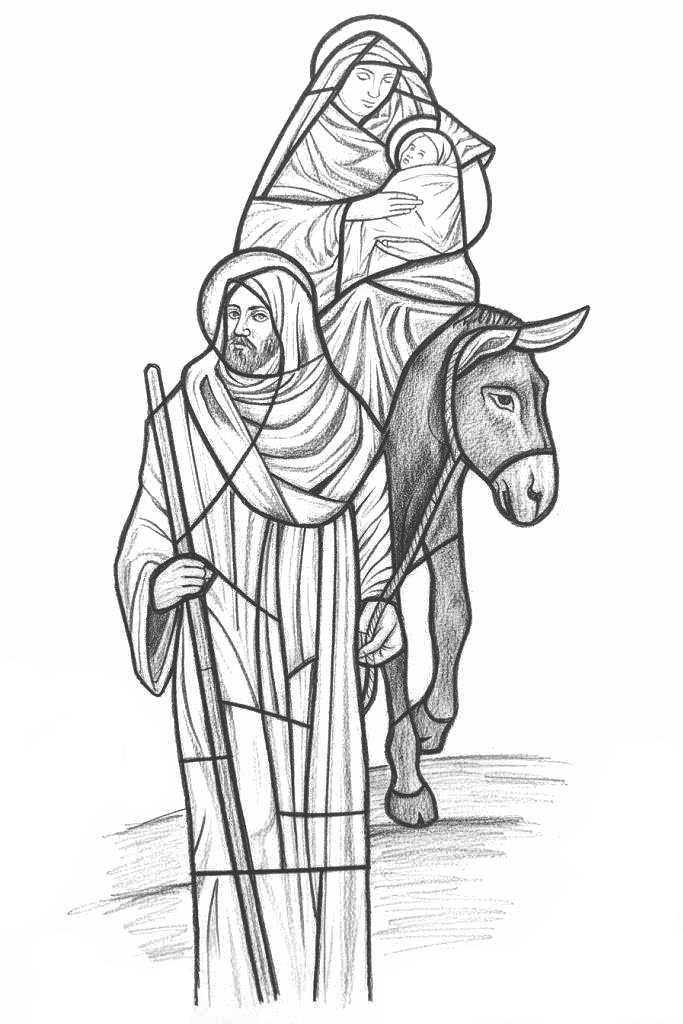 Stained glass of St. Joseph and Mary's flight to Egypt