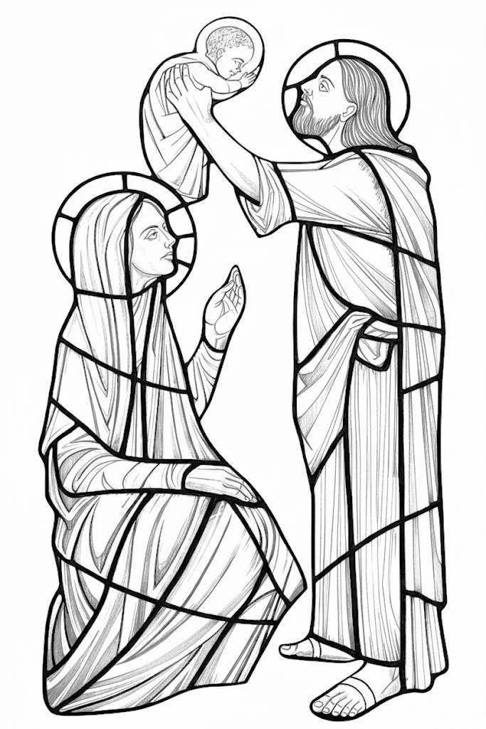 Stained glass of St. Joseph with Jesus and Mary